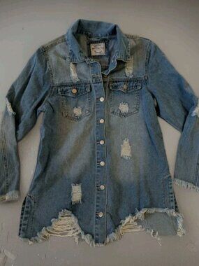 American Bazi Women's Denim Jacket Size M. Distressed Frayed Hem Denim Rip